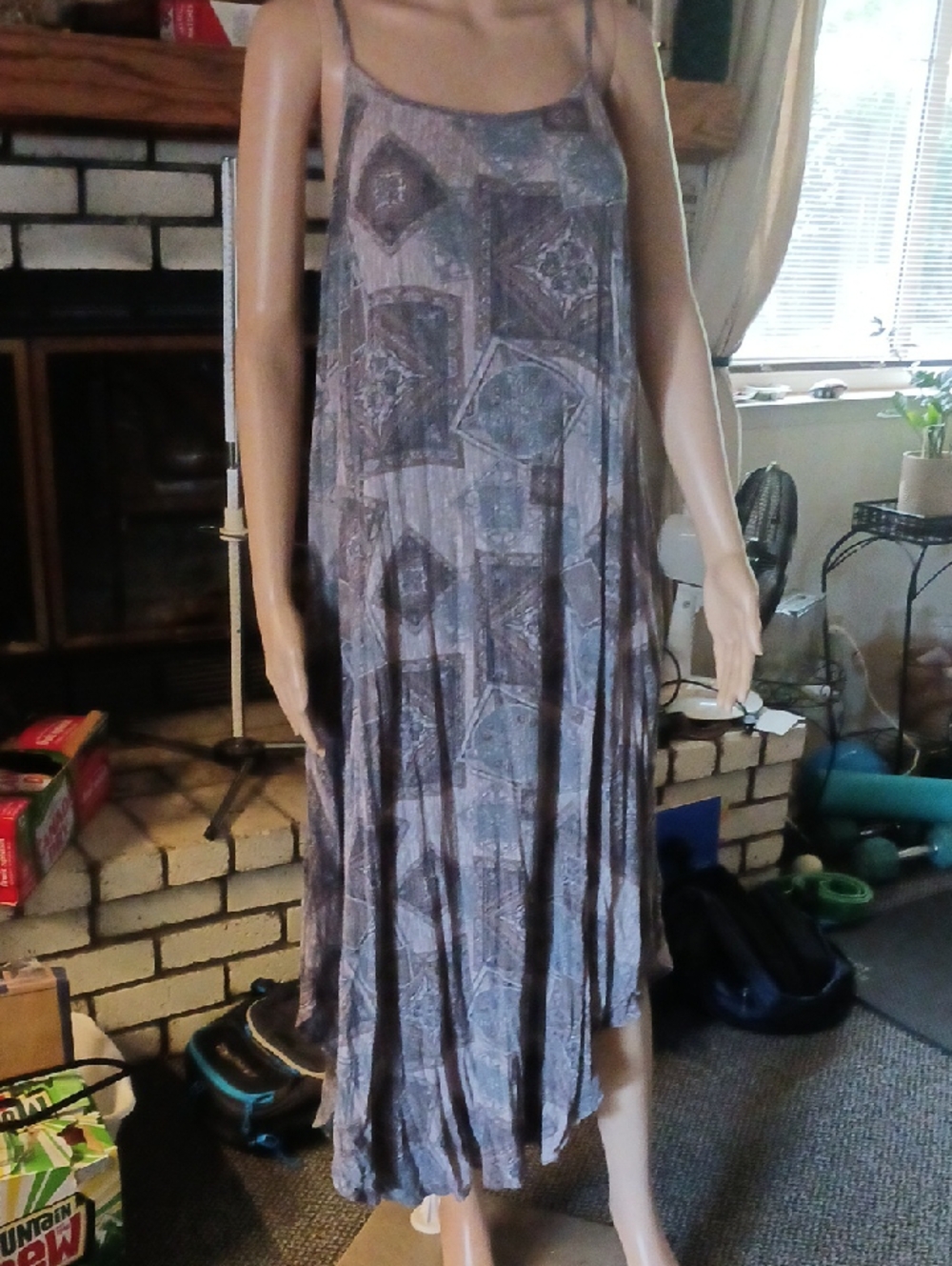 Boho Tile-Print Maxi Dress with Spaghetti Straps in Brown and Gray